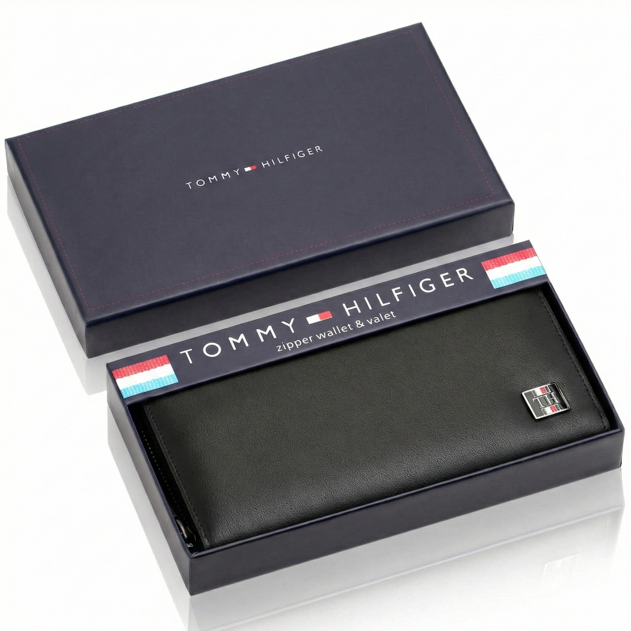 Tommy Hilfiger Long Zip-Around Wallet displayed in signature blue gift box