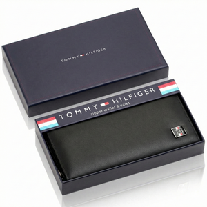 Tommy Hilfiger Long Zip-Around Wallet displayed in signature blue gift box