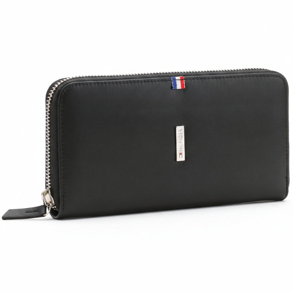 Front view of Tommy Hilfiger long zip-around wallet showing official logo details and zipper closure.