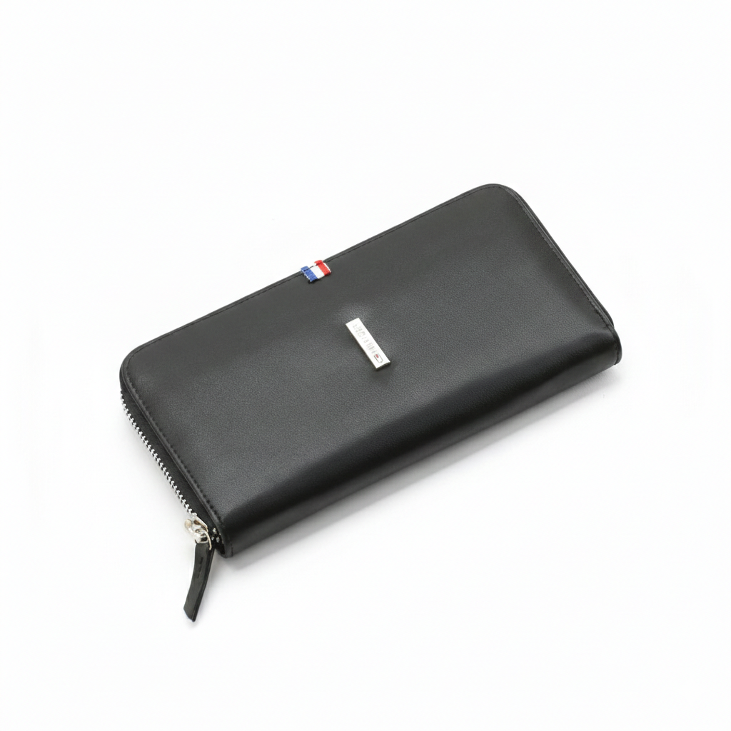 Front view of Tommy Hilfiger long zip-around wallet showing official logo details and zipper closure.