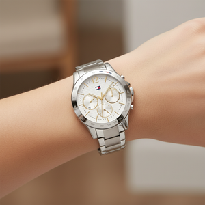 Close up of silver sunray dial with crystal markers of Tommy Hilfiger 1782194