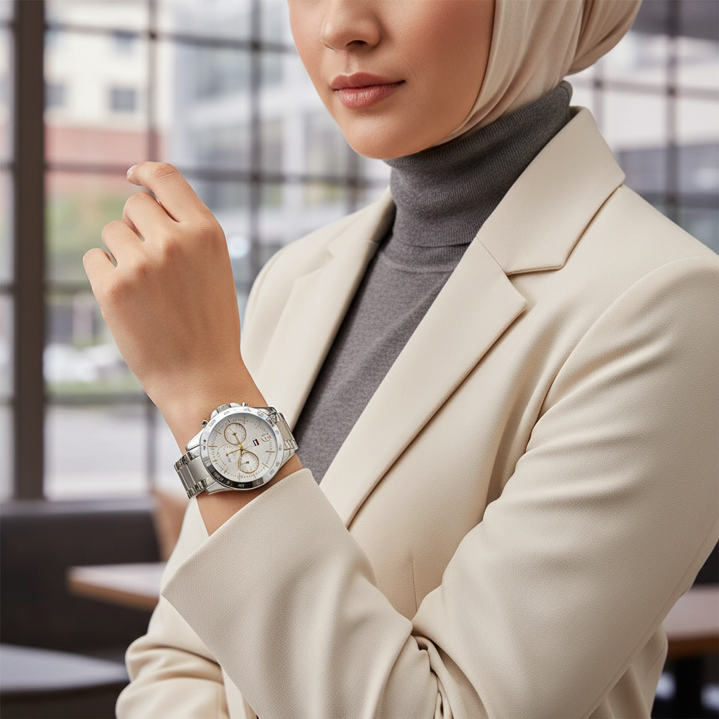 Woman wearing elegant Tommy Hilfiger Lori 1782194 silver watch