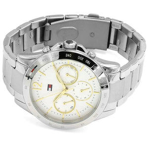 Profile view of Tommy Hilfiger Lori showing case thickness and silver bracelet