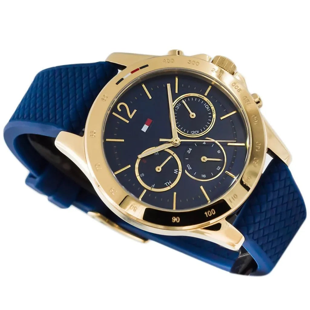 Angled shot highlighting the premium navy rubber strap of Tommy Hilfiger 1782198