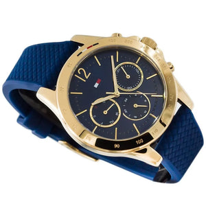 Angled shot highlighting the premium navy rubber strap of Tommy Hilfiger 1782198