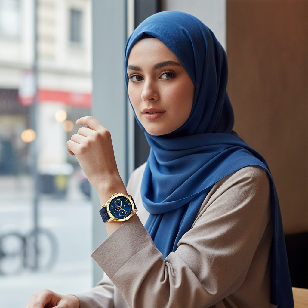 Woman wearing elegant sporty navy Tommy Hilfiger Lori 1782198 watch