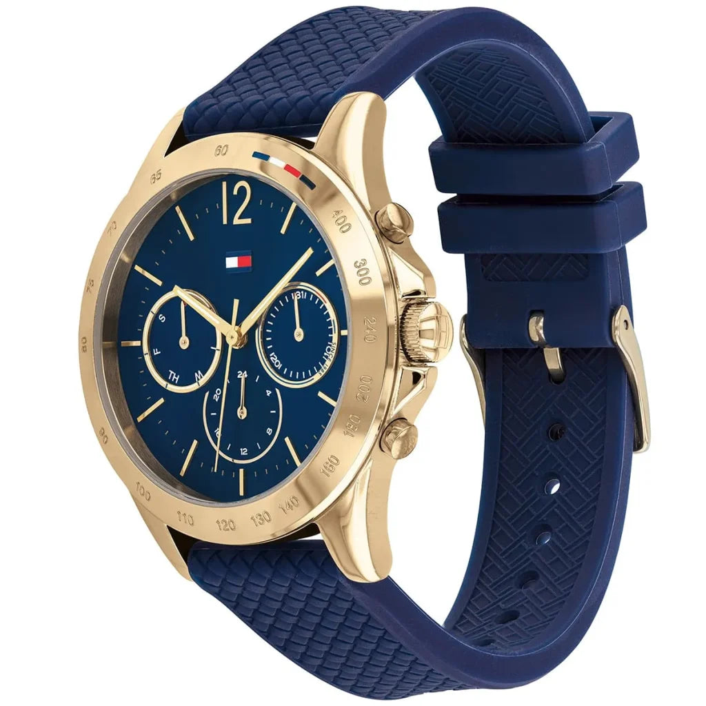 Right side view of Tommy Hilfiger 1782198 showing navy ion-plated stainless steel case
