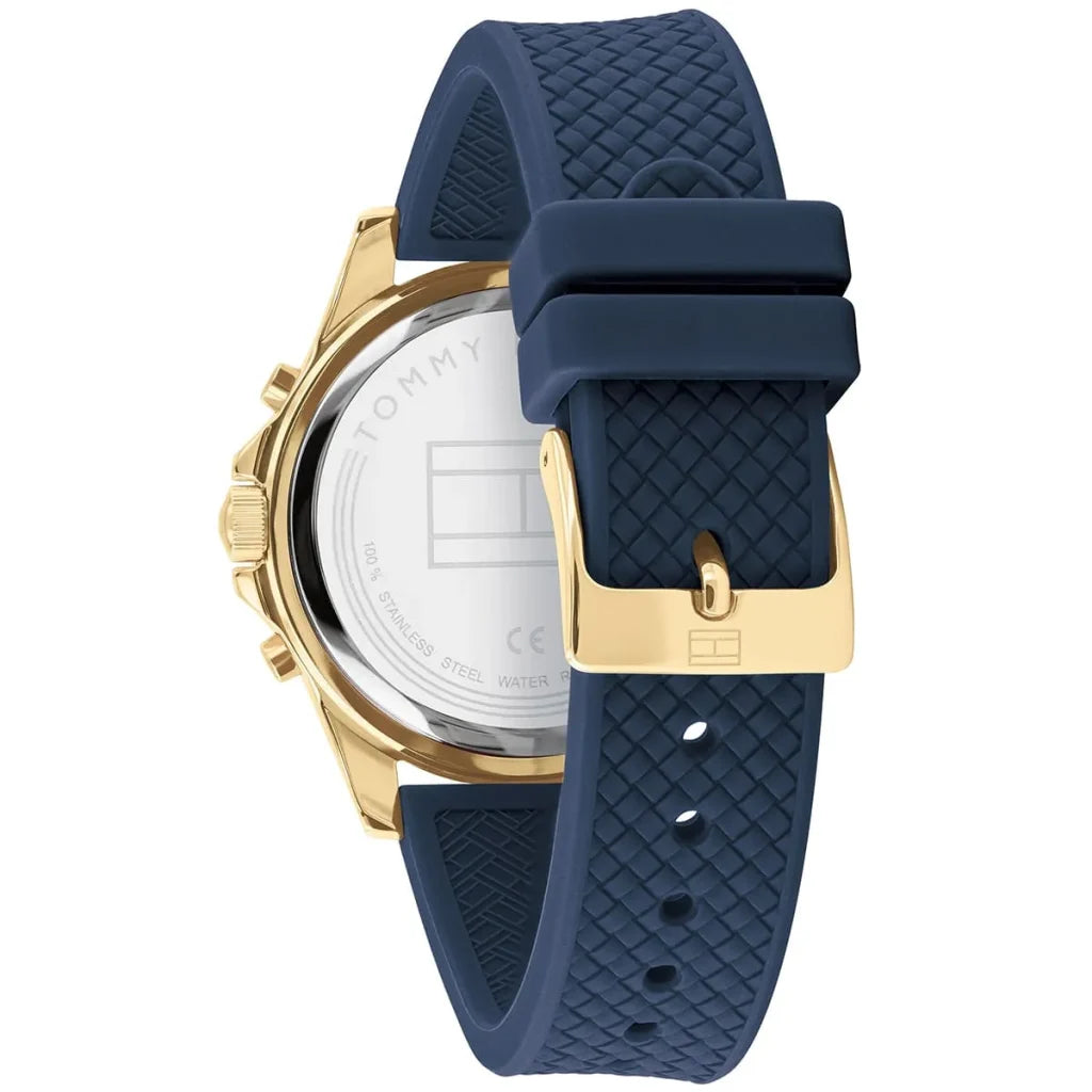 Profile view of Tommy Hilfiger Lori showing case thickness and navy rubber strap