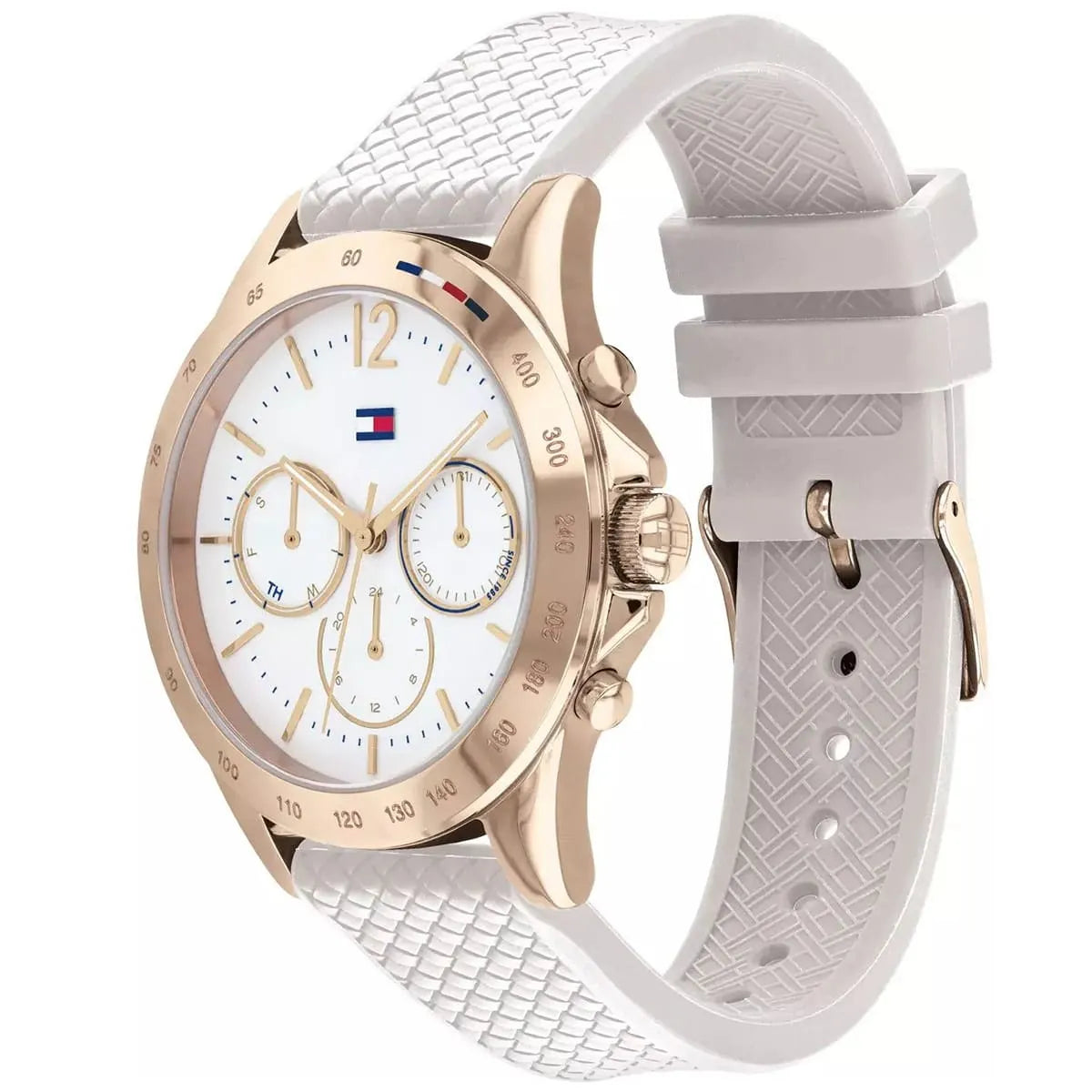 Close up of navy sunray dial with crystal markers and gold accents of Tommy Hilfiger 1782199