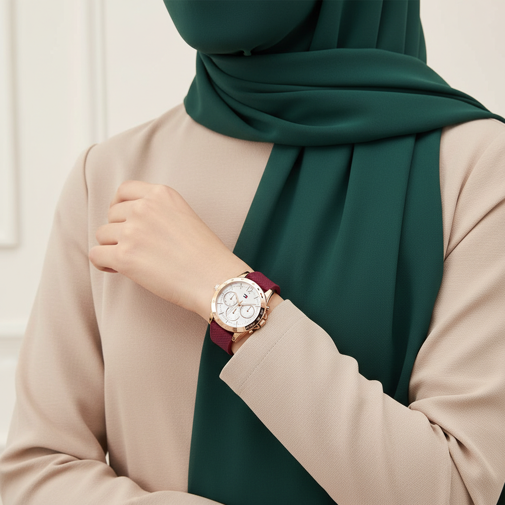 Woman wearing vibrant and elegant Tommy Hilfiger Lori 1782200 rose gold watch