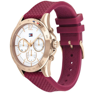 Profile view of Tommy Hilfiger Lori showing case thickness and berry rubber strap