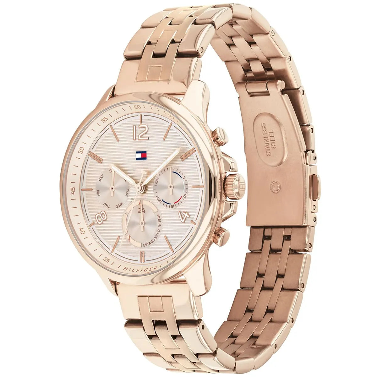 Right side view of Tommy Hilfiger 1782224 showing rose gold stainless steel case