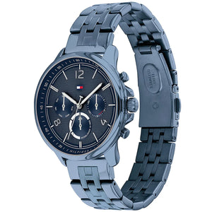 Close up of navy sunray dial with crystal markers and rose gold hands of Tommy Hilfiger 1782227