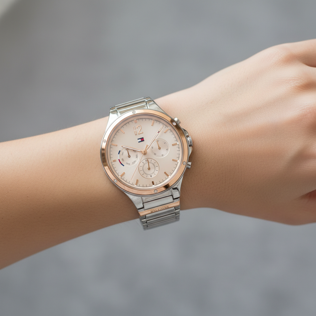 Close up of silver sunray dial with crystal markers and rose gold bezel of Tommy Hilfiger 1782279