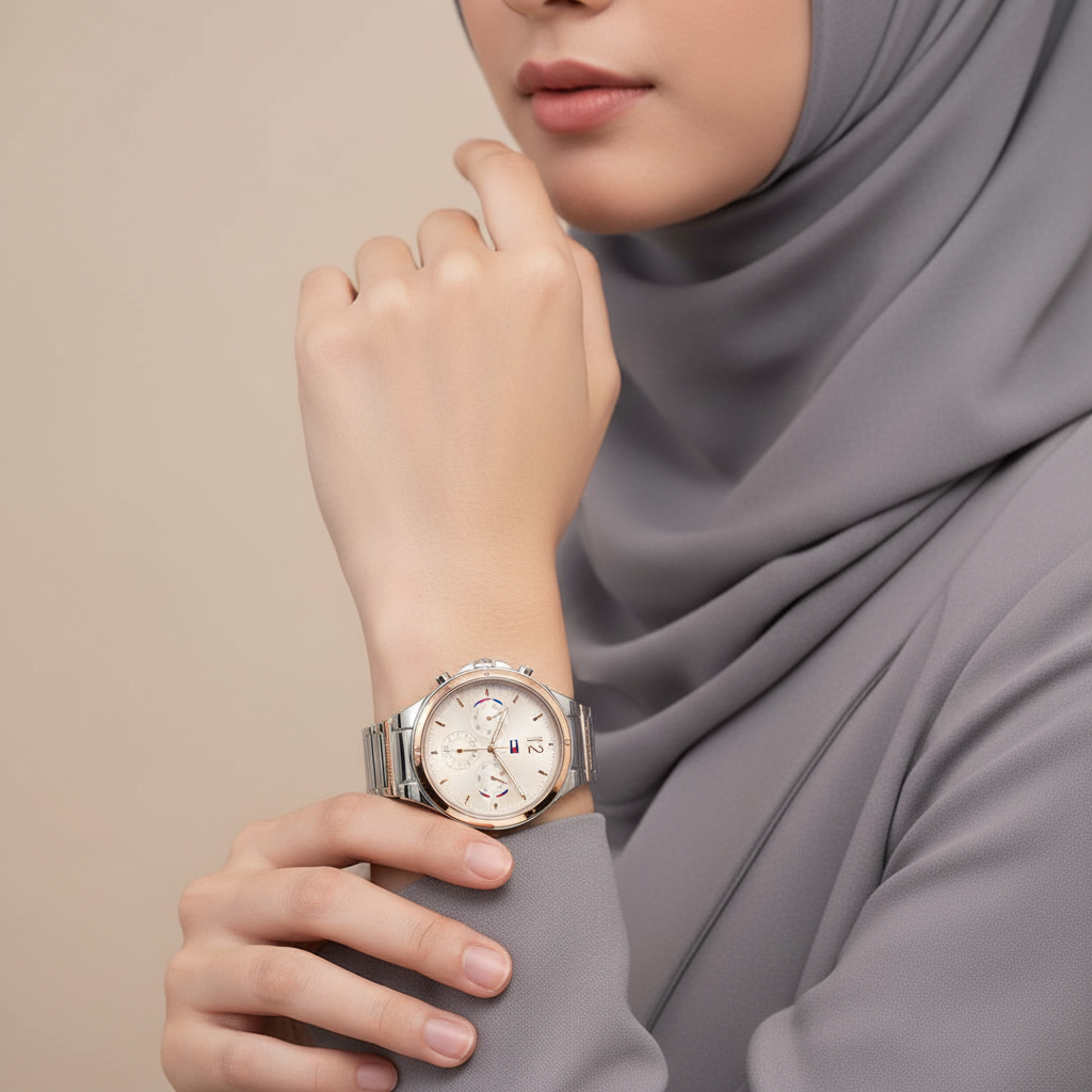 Woman wearing elegant two-tone Tommy Hilfiger Lori 1782279 watch