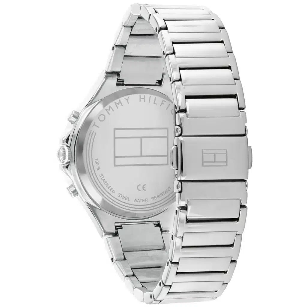 Profile view of Tommy Hilfiger Lori showing case thickness and two-tone steel bracelet