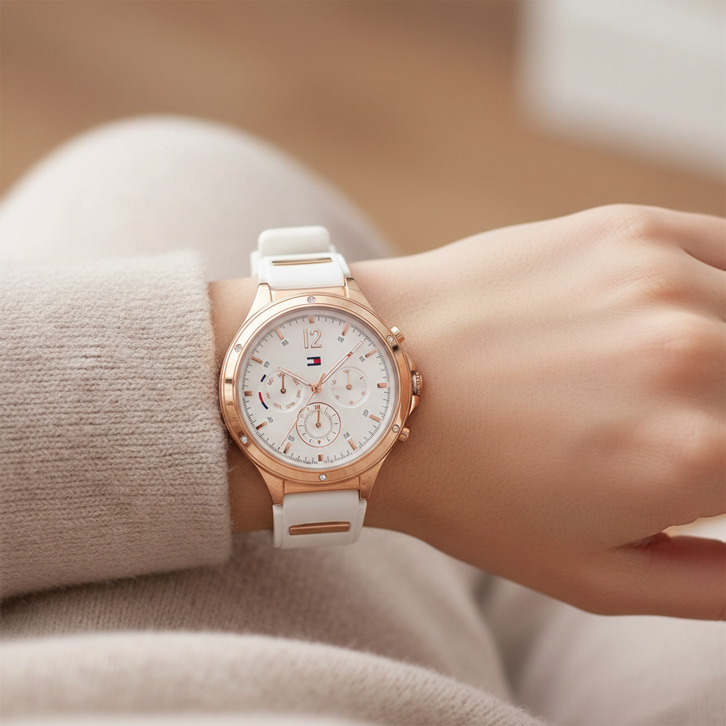 Close up of silver sunray dial with crystal markers of Tommy Hilfiger 1782280
