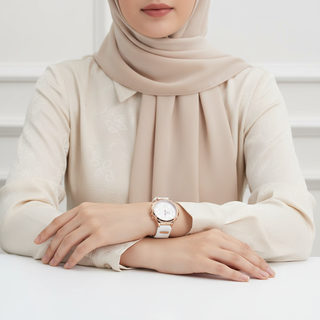 Woman wearing elegant Tommy Hilfiger Lori 1782280 silver watch