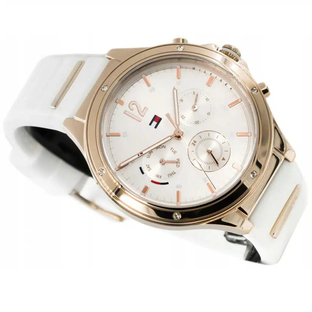 Profile view of Tommy Hilfiger Lori showing case thickness and silver bracelet