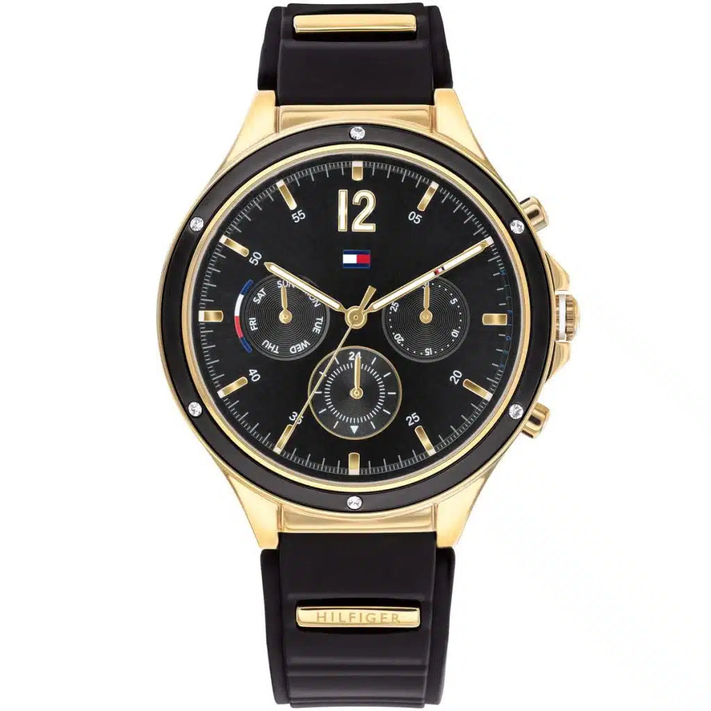 Tommy Hilfiger Lori 1782282 women's watch gold case black rubber strap black dial