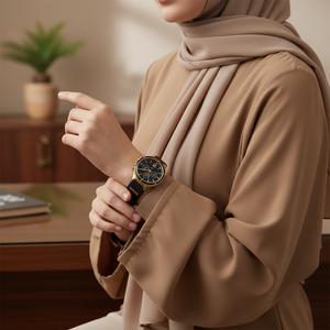 Woman wearing sporty elegant Tommy Hilfiger Lori 1782282 gold and black watch