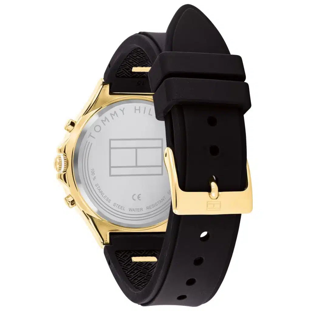 Profile view of Tommy Hilfiger Lori showing case thickness and black rubber strap