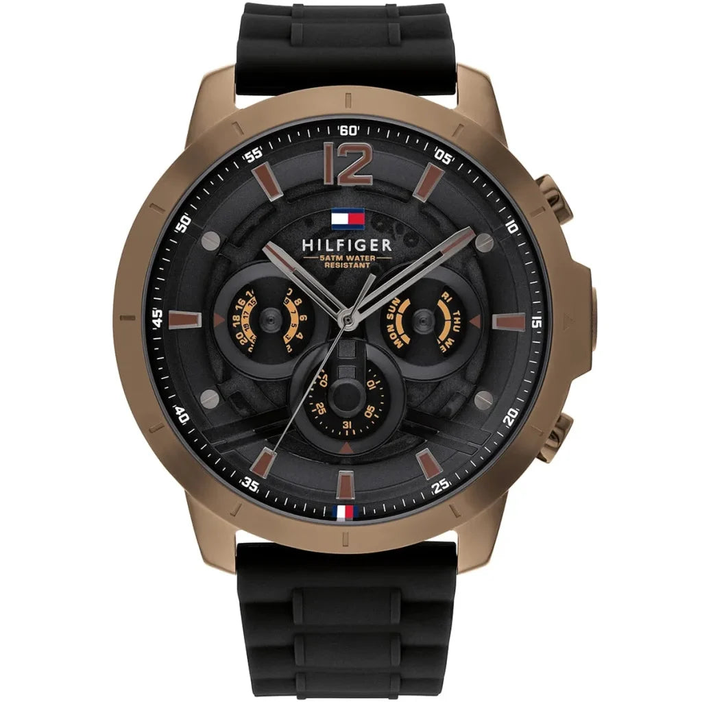 Tommy Hilfiger Luca 1710491 men's watch matte gold case black rubber strap black dial
