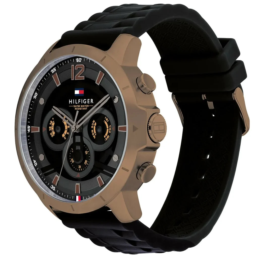 Right side view of Tommy Hilfiger 1710491 showing matte gold stainless steel case and buttons