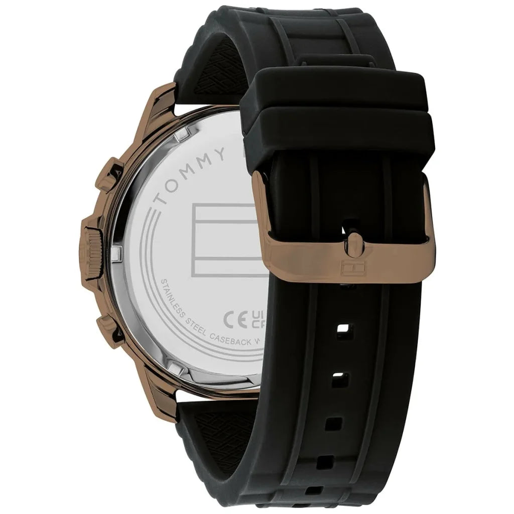 Profile view of Tommy Hilfiger Luca showing case thickness and rubber strap connection