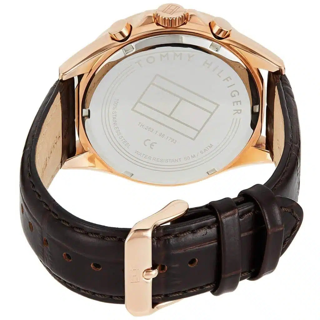 Angled shot highlighting the dark brown croc-embossed leather strap of Tommy Hilfiger 1791118