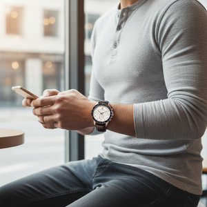 Man wearing bold Tommy Hilfiger Luke 1791118 watch with brown leather strap