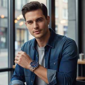 Man wearing bold Tommy Hilfiger Mason 1791788 watch with silver steel bracelet