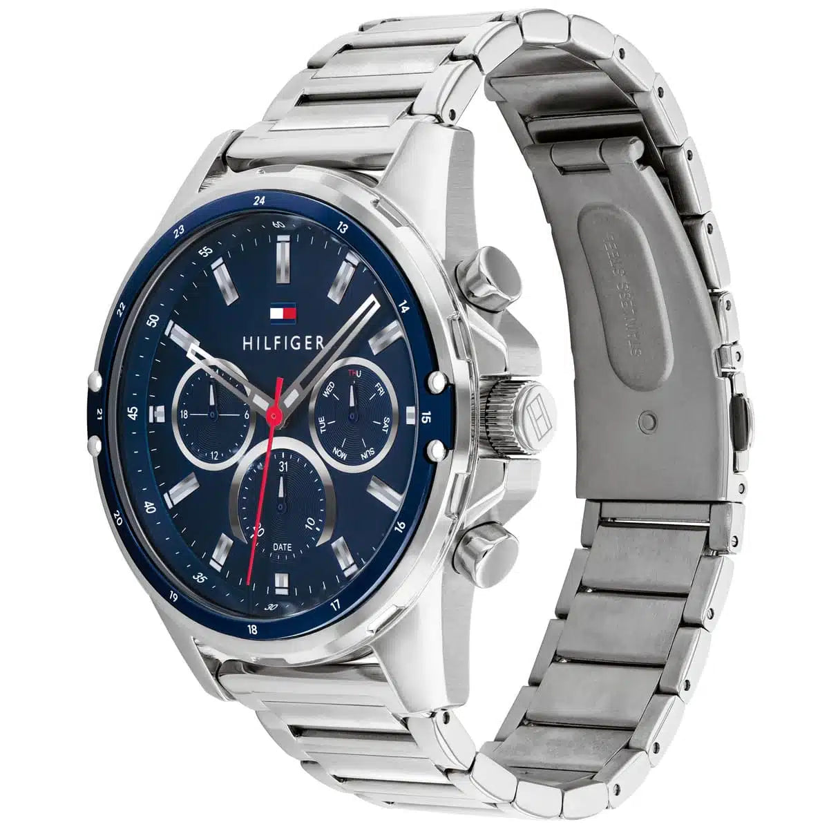 Right side view of Tommy Hilfiger 1791788 showing silver stainless steel case and pushers