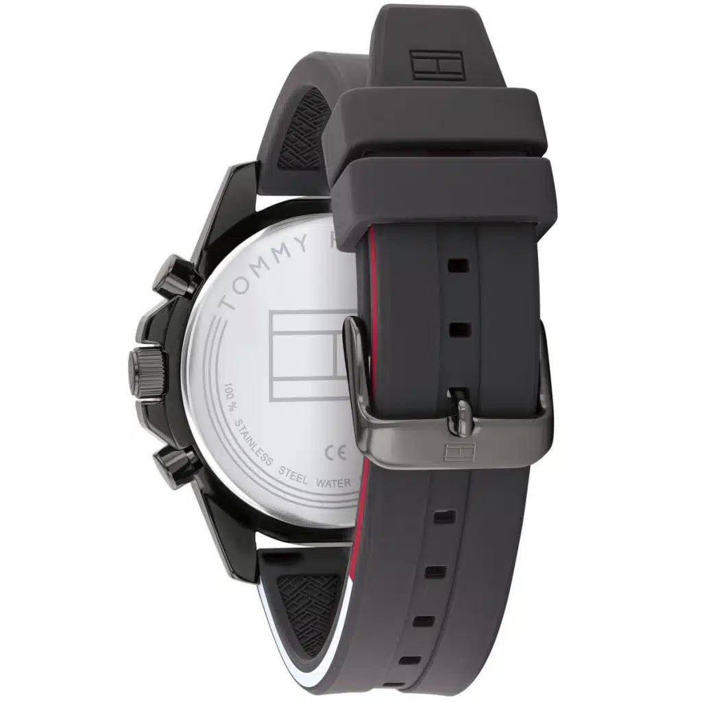Profile view of Tommy Hilfiger Mason showing case thickness and gray rubber strap