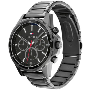 Profile view of Tommy Hilfiger Mason showing case thickness and black triple-link bracelet