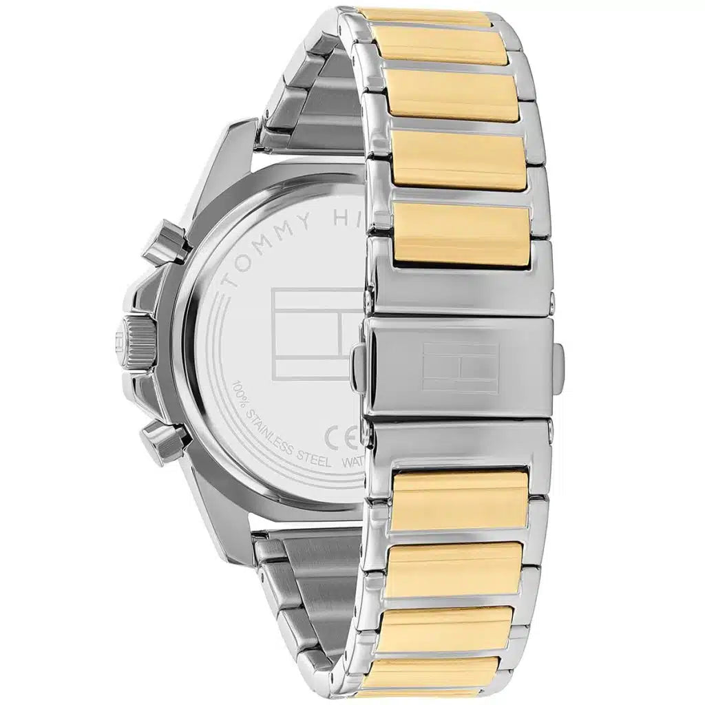 Profile view of Tommy Hilfiger Mason showing case thickness and two-tone steel bracelet