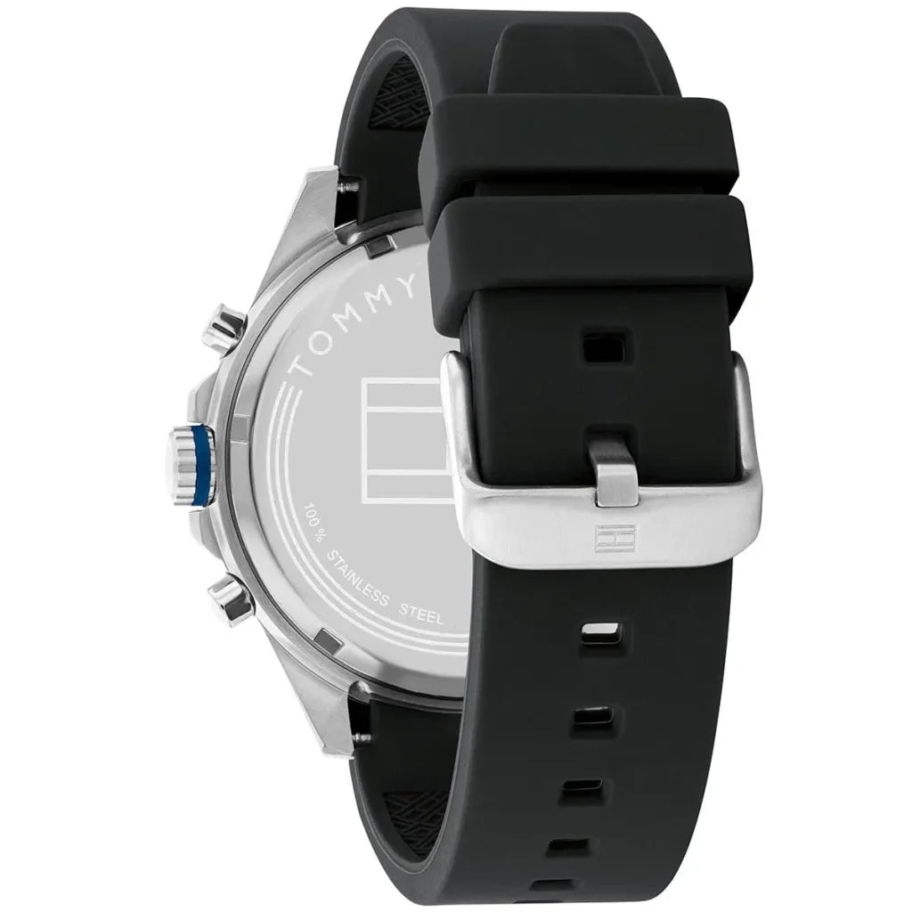 Angled shot highlighting the black durable rubber strap on Tommy Hilfiger 1791971