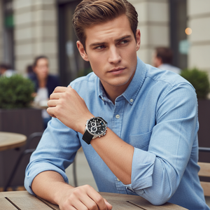 Man wearing sporty Tommy Hilfiger Max 1791971 watch with black rubber strap