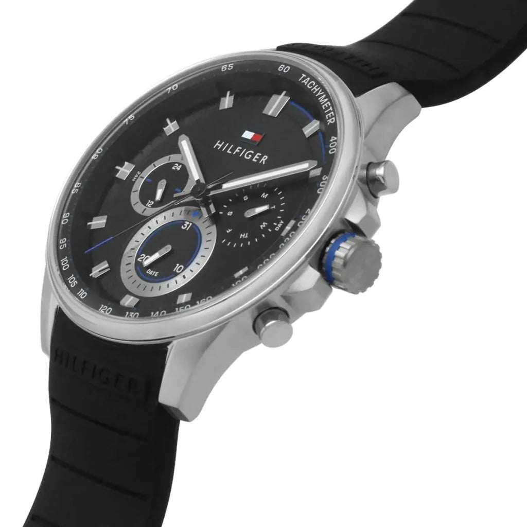 Profile view of Tommy Hilfiger Max showing case thickness and black rubber strap