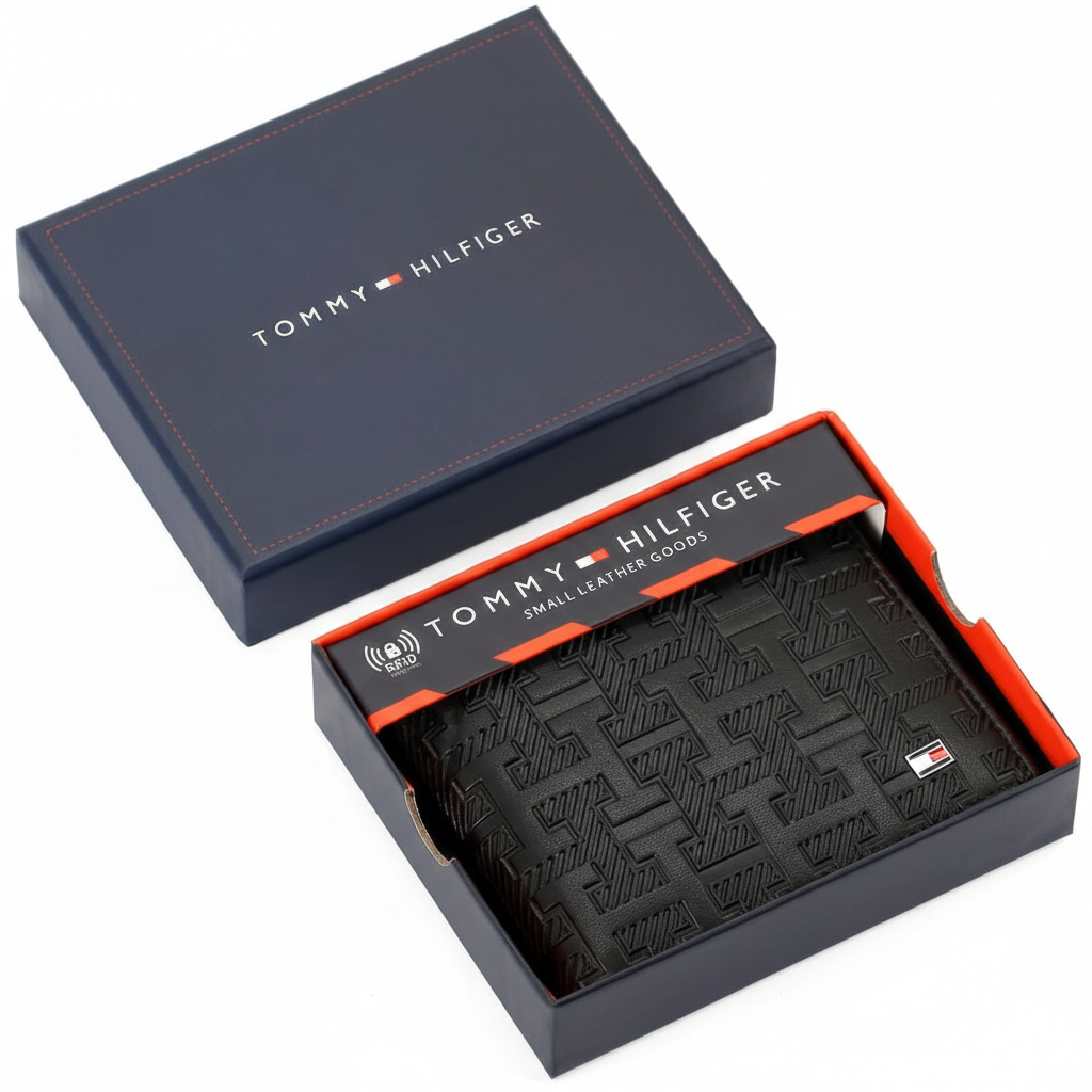 Authentic Tommy Hilfiger men's brown genuine leather bifold wallet featuring a signature branding stripe and metal logo, presented in its luxury navy gift box