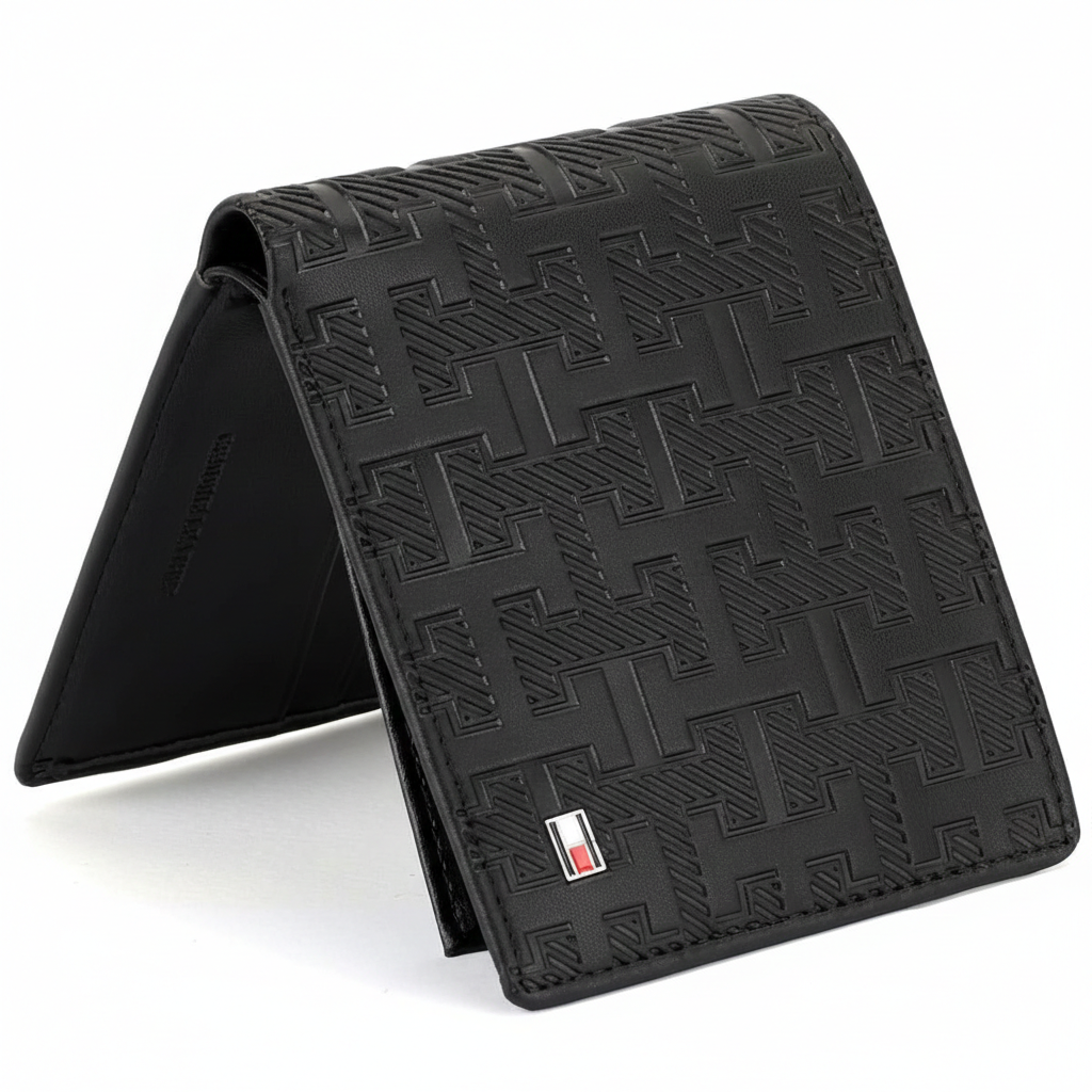 Side perspective of a standing Tommy Hilfiger brown genuine leather bifold wallet showcasing its elegant profile and high-quality stitching