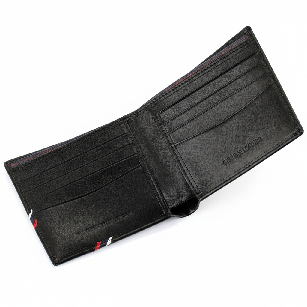 A perspective view of the Tommy Hilfiger men's bifold leather wallet fully opened, highlighting the sleek interior layout and premium stitching