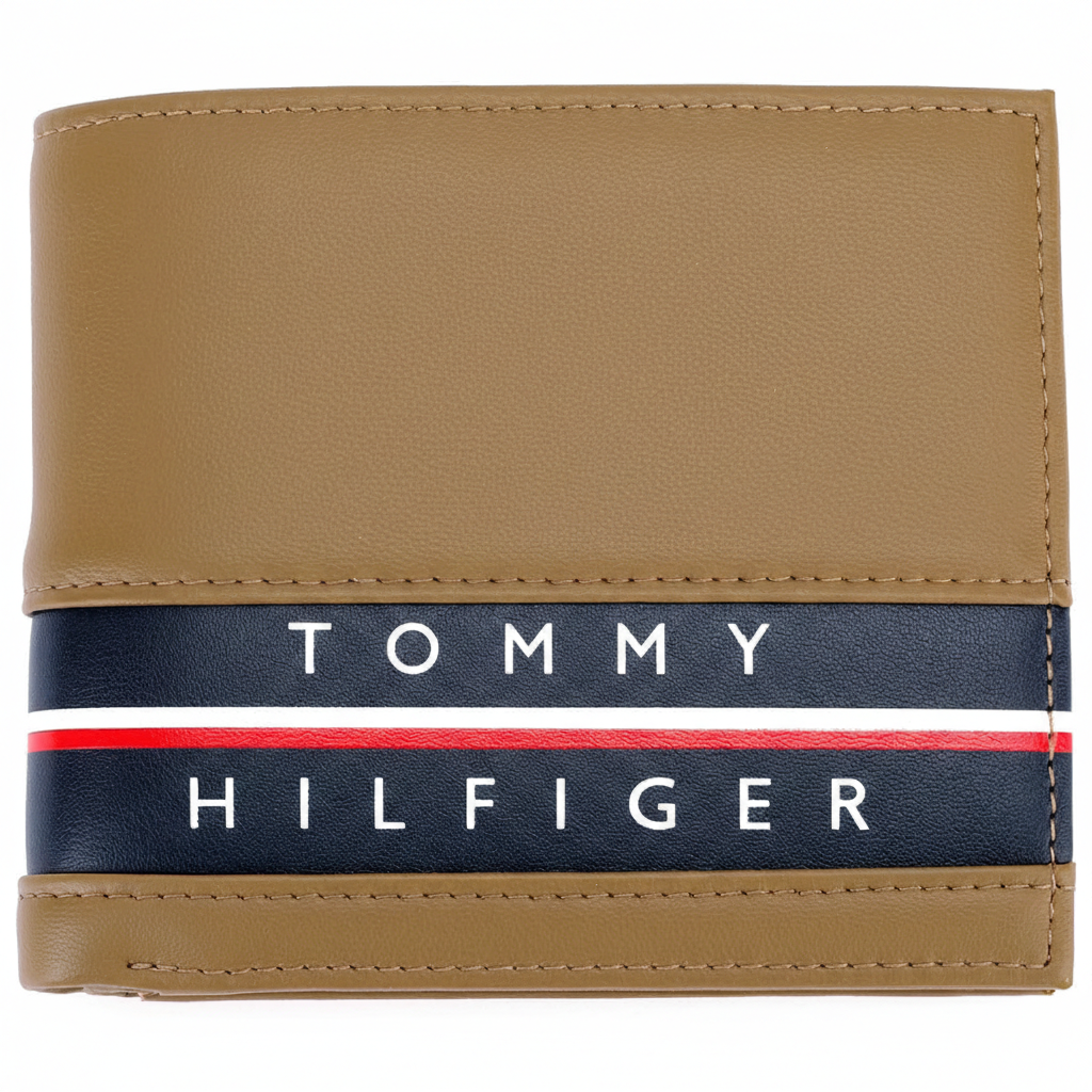 Detailed interior of the Tommy Hilfiger tan leather wallet showing organized card slots, a secure buttoned coin pocket, and a stylish patterned fabric lining