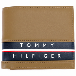Detailed interior of the Tommy Hilfiger tan leather wallet showing organized card slots, a secure buttoned coin pocket, and a stylish patterned fabric lining