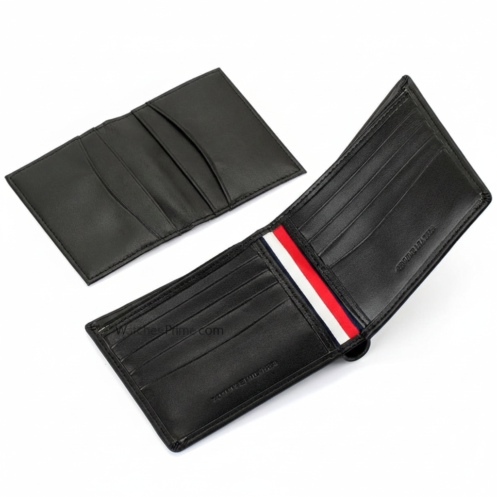Detailed interior display of the Tommy Hilfiger black leather bifold wallet, showcasing multiple card compartments and high-quality genuine leather finish
