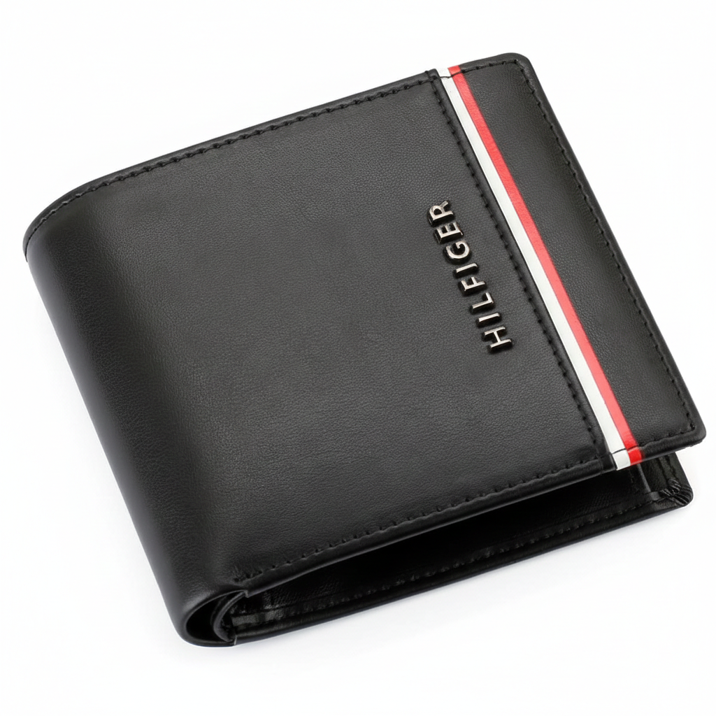 Interior view of a Tommy Hilfiger black leather wallet showing card slots, a coin compartment, and branded signature interior lining