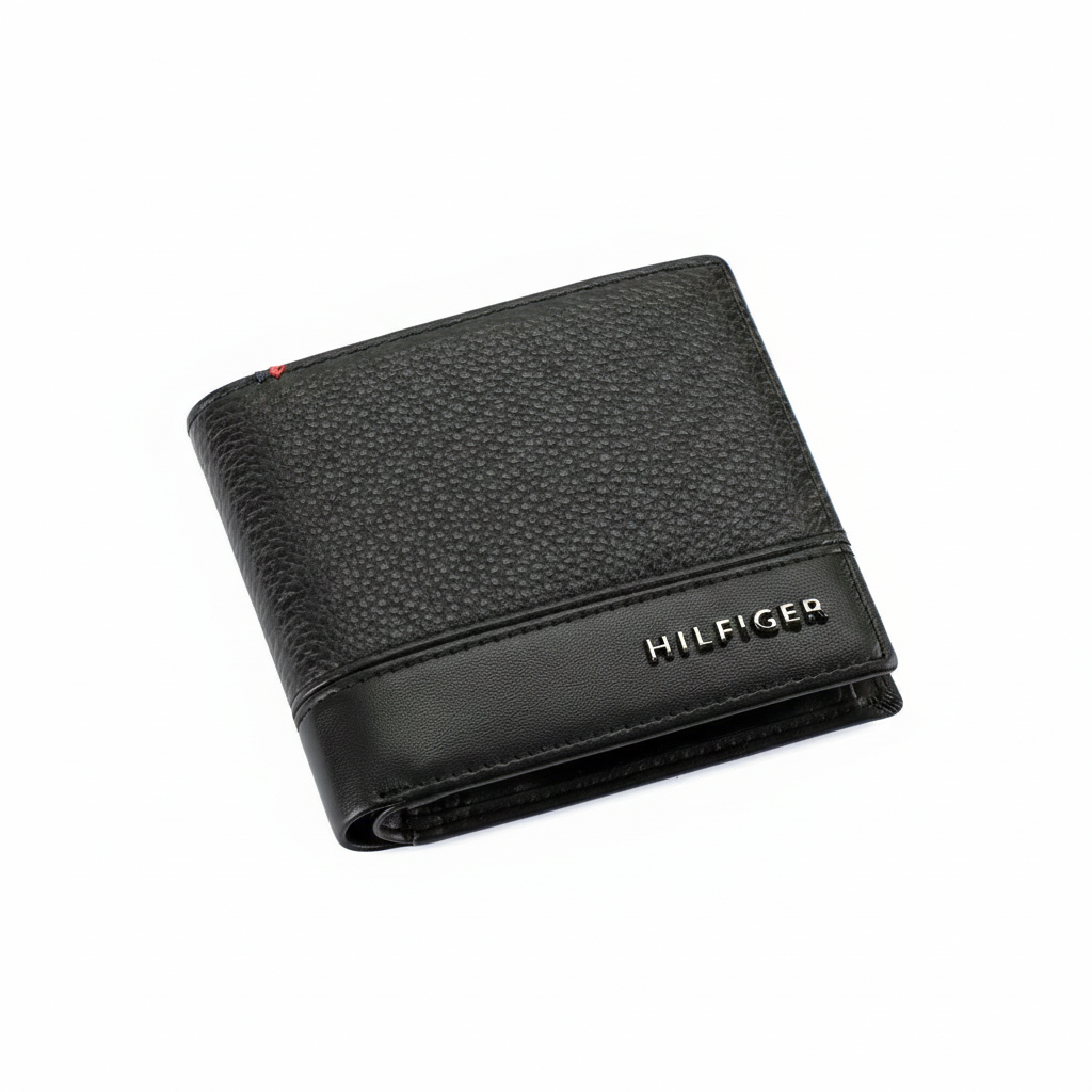 Front view of Tommy Hilfiger men's black bifold wallet highlighting the vertical red white and blue signature stripe and metal brand name