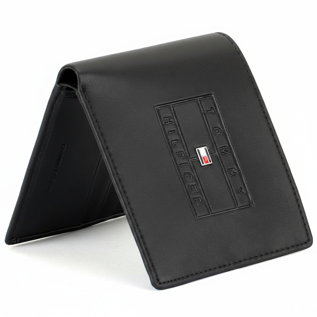 Rear perspective of the Tommy Hilfiger black genuine leather wallet showing the smooth matte finish and high-quality durable stitching