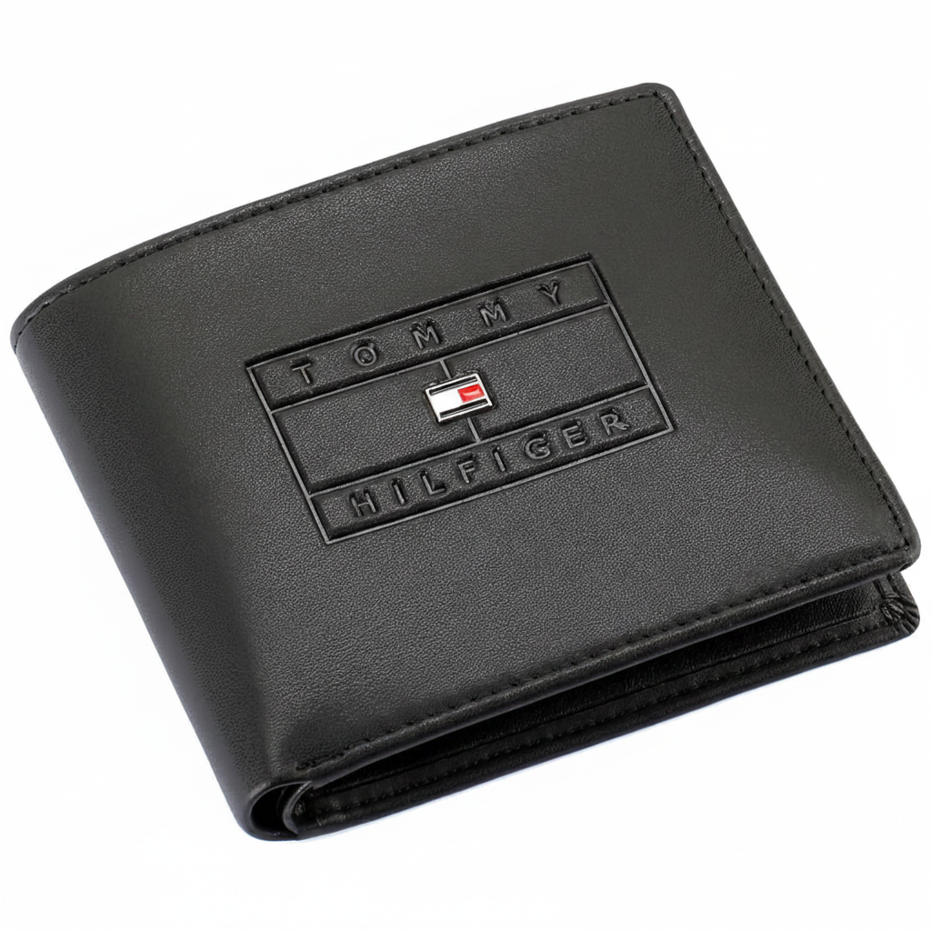 Front view of an authentic Tommy Hilfiger men's black genuine leather bifold wallet featuring a premium embossed flag box logo design and silver metal flag emblem