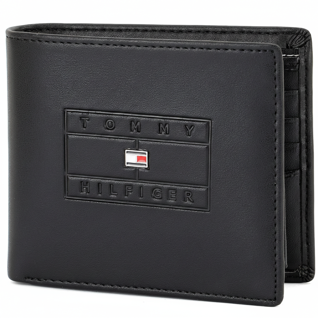 Front view of an authentic Tommy Hilfiger men's black genuine leather bifold wallet featuring a premium embossed flag box logo design and silver metal flag emblem